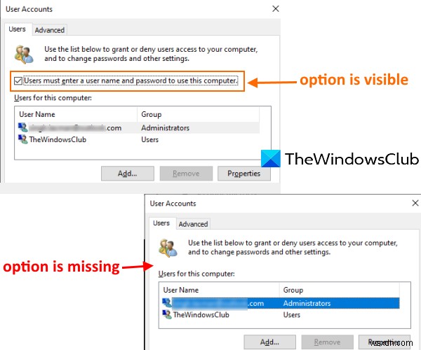 Thiếu tùy chọn Users must enter a username and password to use this computer trong Windows 11/10