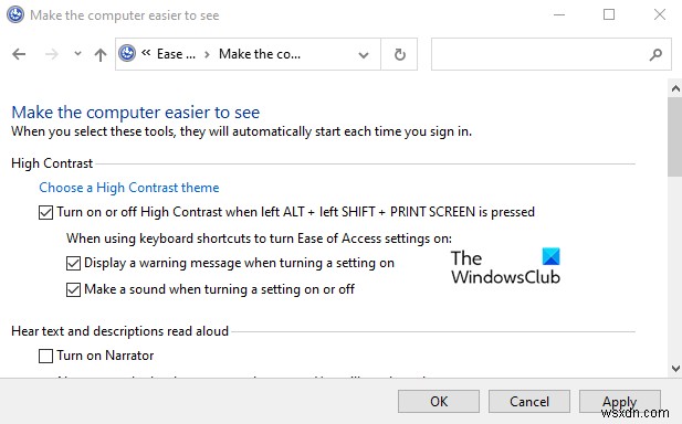 Bật hoặc tắt thông báo cảnh báo và âm thanh High Contrast (Độ tương phản cao) trong Windows 11/10
