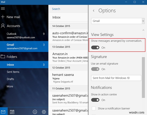 Tắt Conversation View trong Mail App trên Windows 11/10