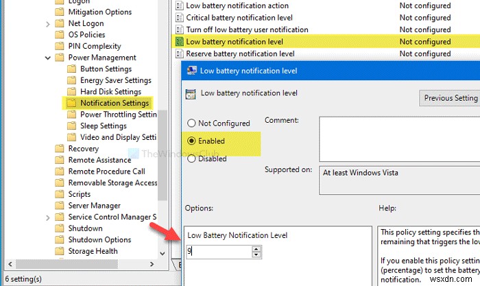 Quản lý cài đặt thông báo pin bằng Registry hoặc Group Policy Editor trên Windows 11/10
