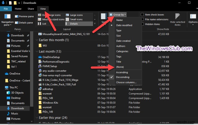 Xóa nhóm & sắp xếp theo Date trong thư mục Downloads Windows 11/10