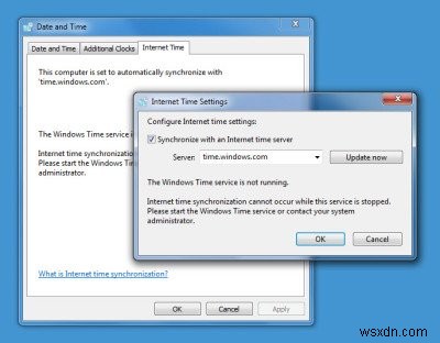 Dịch vụ Windows Time không hoạt động. Đồng bộ thời gian thất bại với lỗi