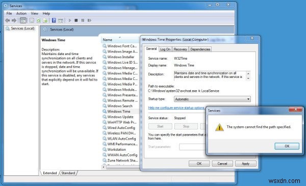 Dịch vụ Windows Time không hoạt động. Đồng bộ thời gian thất bại với lỗi