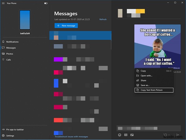 Cách sao chép văn bản từ hình ảnh trong ứng dụng Your Phone trên Windows 10