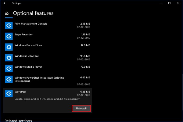 Cách gỡ cài đặt và cài lại Microsoft WordPad trên Windows 10