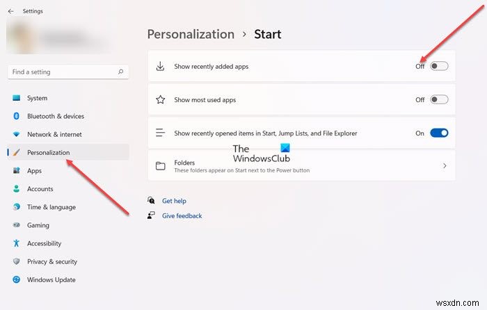 Hiện/Ẩn nhóm ứng dụng Recently added (Mới cài đặt) trong Menu Start Windows 11/10