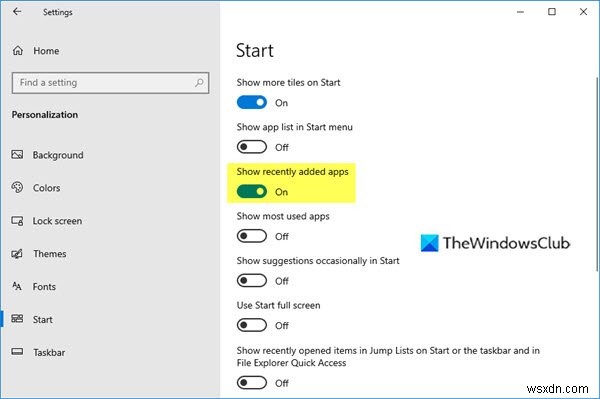 Hiện/Ẩn nhóm ứng dụng Recently added (Mới cài đặt) trong Menu Start Windows 11/10
