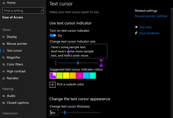 Windows 10 cho phép tùy chỉnh con trỏ văn bản; Cải tiến Magnifier & Screen reader