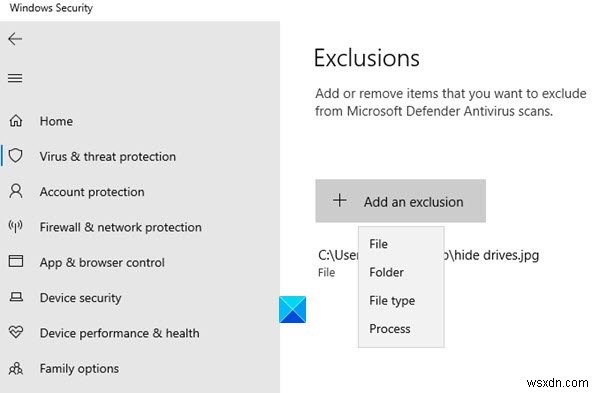 Quản lý mục bị cách ly và Loại trừ trong Windows Defender Security Center