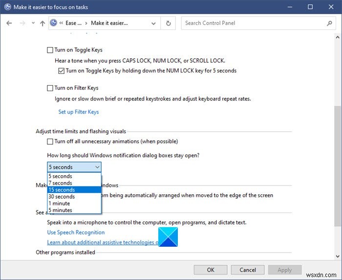 Làm cho hộp thoại thông báo ở lại lâu hơn trên Windows 10