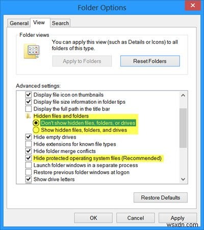 Tùy chọn hiển thị file/thư mục ẩn bị mất hoặc không hoạt động trên Windows 11/10