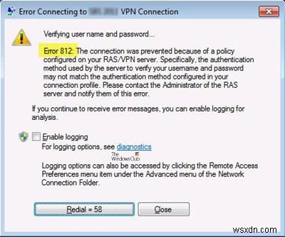 Lỗi VPN 812, Kết nối bị ngăn chặn do chính sách trên máy chủ RAS/VPN
