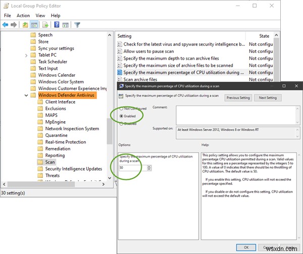 Cách giới hạn hoặc đặt tối đa CPU Usage cho quét Windows Defender