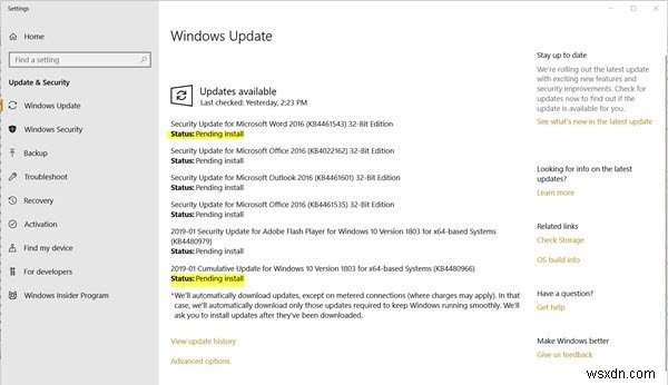 Trạng thái Windows Update: Pending install, Pending download, Initializing, Downloading, Installing, Awaiting install