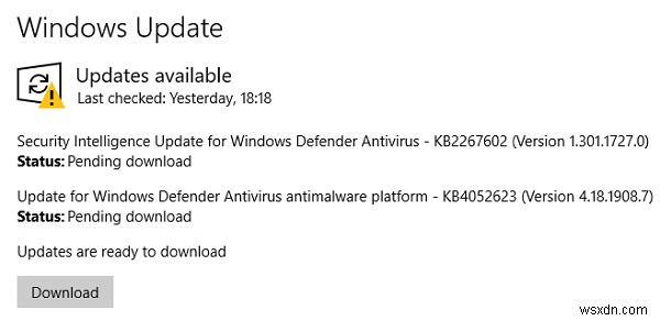 Trạng thái Windows Update: Pending install, Pending download, Initializing, Downloading, Installing, Awaiting install