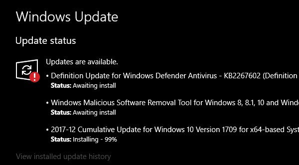 Trạng thái Windows Update: Pending install, Pending download, Initializing, Downloading, Installing, Awaiting install