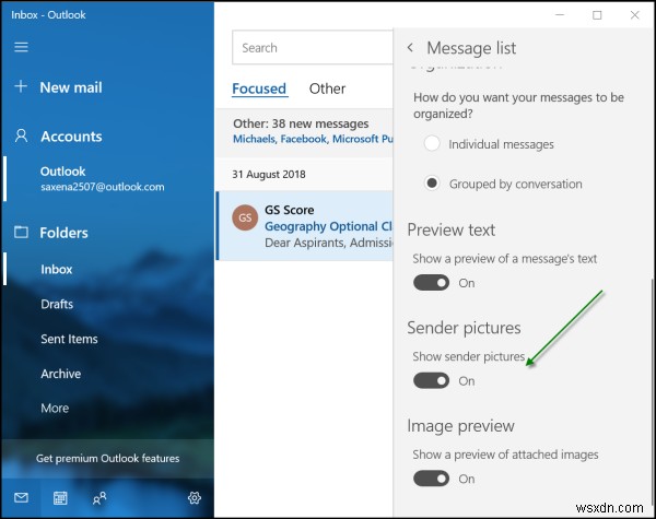 Hiển thị ảnh người gửi trong tin nhắn Ứng dụng Mail trên Windows 11/10