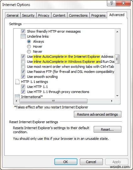 Bật, tắt Autocomplete & Inline AutoComplete trong Explorer, Run & IE trên Windows 10