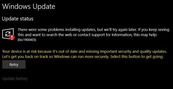 Khắc phục lỗi Windows Update 0xc1900403 trên Windows 10
