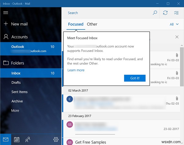 Bật/tắt hộp thư đến ưu tiên (Focused Inbox) trong ứng dụng Mail Windows 10