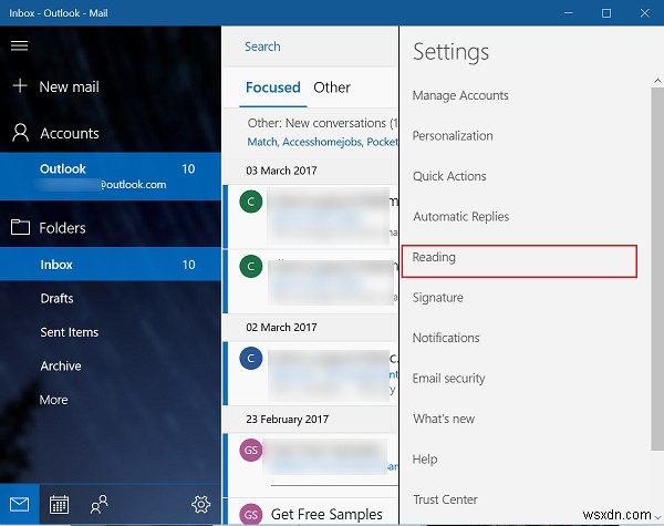 Bật/tắt hộp thư đến ưu tiên (Focused Inbox) trong ứng dụng Mail Windows 10