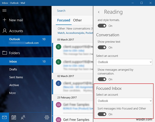 Bật/tắt hộp thư đến ưu tiên (Focused Inbox) trong ứng dụng Mail Windows 10