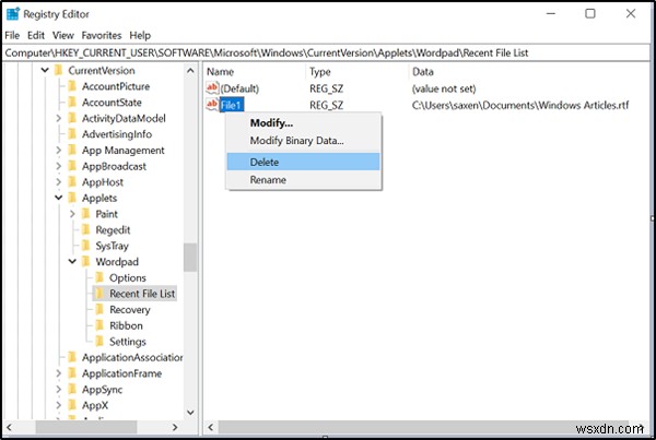 Cách xóa tài liệu gần đây (Recent Documents) trong WordPad trên Windows 10