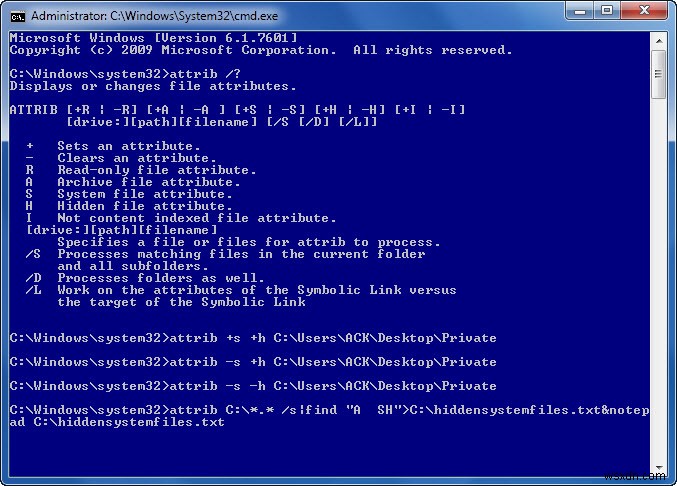 Thay đổi thuộc tính file, tạo file/thư mục siêu ẩn riêng tư bằng attrib.exe