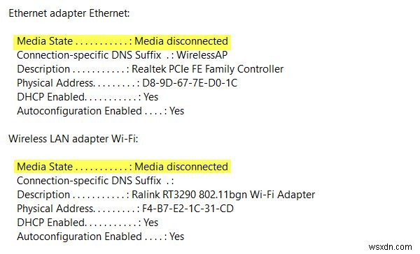 Lỗi Media disconnected trên Windows 10