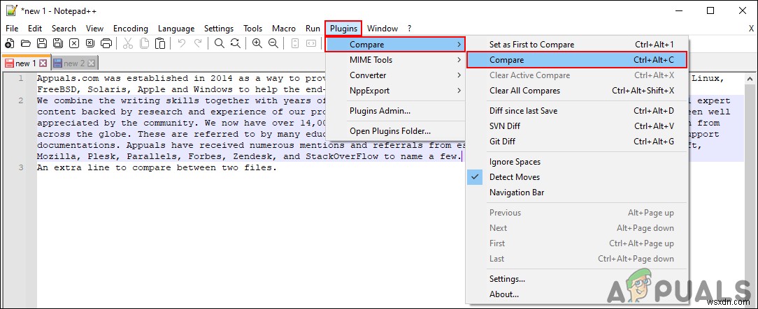 Cách so sánh hai tệp trong Notepad++ bằng Plugin Compare