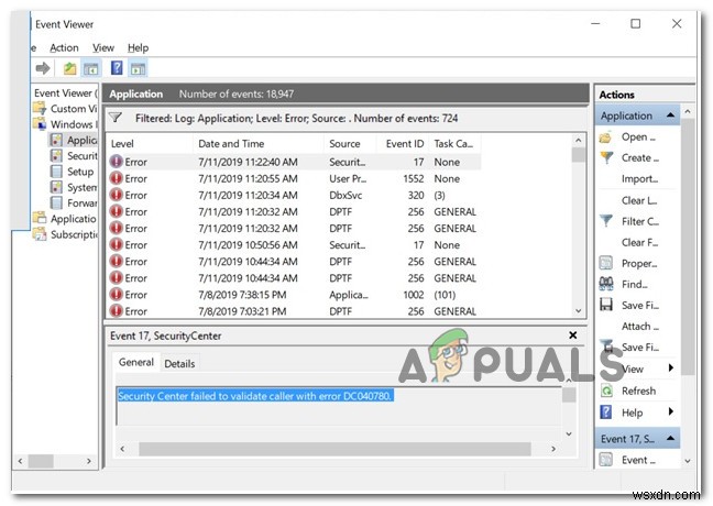 Sửa lỗi: Mã lỗi DC040780 Event ID 17,  Security Center Failed to Validate Caller 