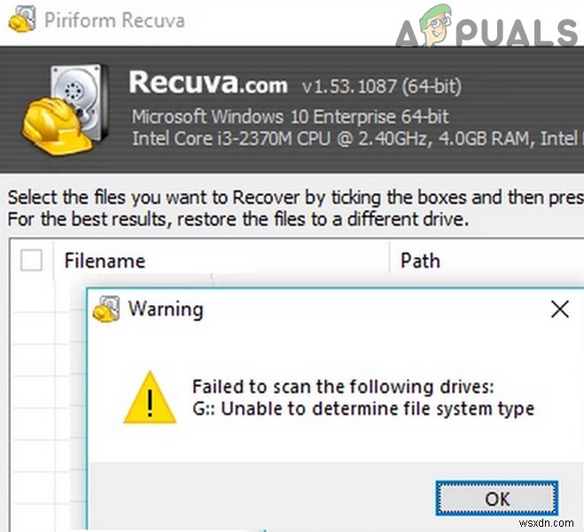 Khắc phục lỗi Recuva Không thể xác định loại hệ thống tệp