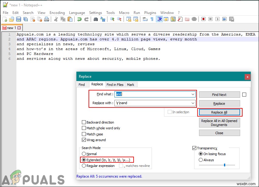 Tìm và Thay thế Chuỗi/Ký tự/Symbol bằng Dòng mới trong Notepad++
