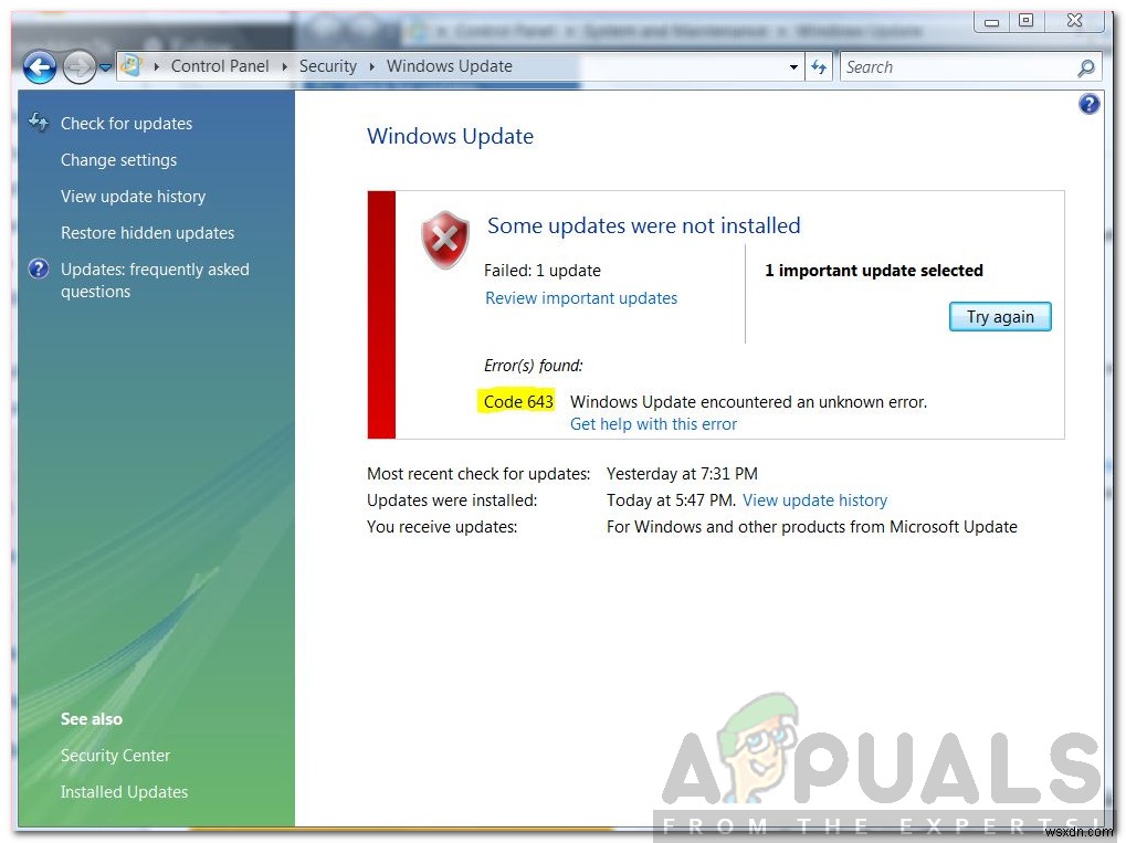 Cách khắc phục lỗi Windows Update Error Code 643