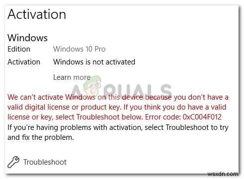 Sửa lỗi: Kích hoạt Windows 10 thất bại với mã 0xc004f012