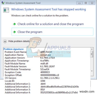 Khắc phục: Lỗi Windows System Assessment Tool (winsat.exe) has stopped working