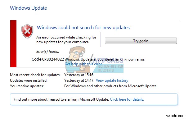 Sửa lỗi Windows Update Error Code 0x80244022
