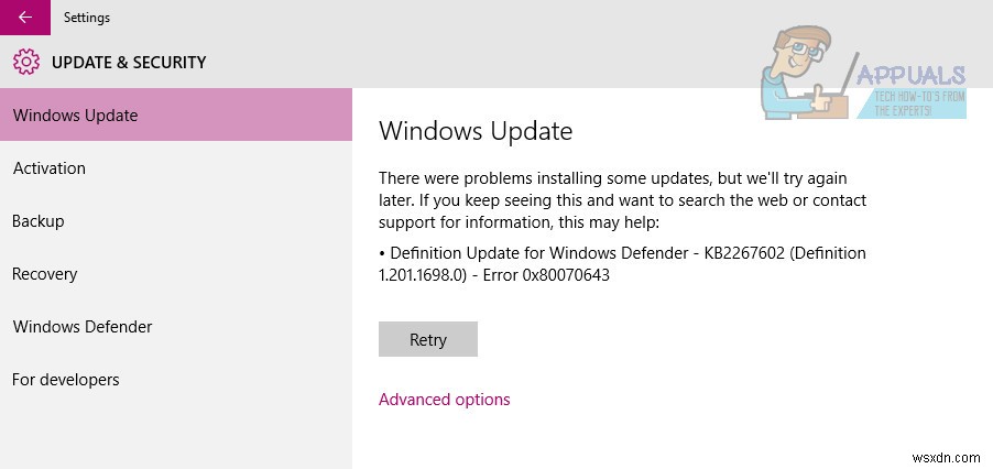 KHẮC PHỤC: Lỗi 0x80070643 khi cập nhật Definition Update cho Windows Defender