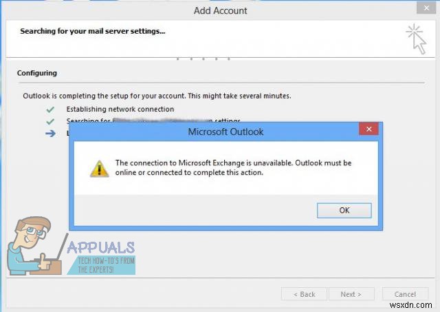 Khắc phục lỗi  The connection to Microsoft Exchange is unavailable  trên Outlook