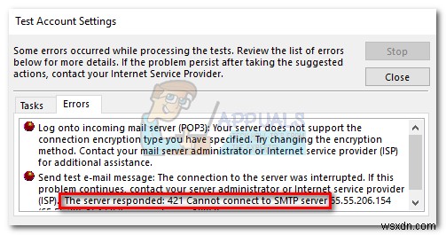 Khắc phục lỗi 421 cannot connect to SMTP Server trên Outlook