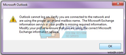 Khắc phục: Outlook không thể đăng nhập. Kiểm tra kết nối mạng, máy chủ và tên hộp thư