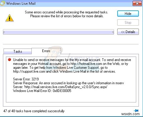 Cách khắc phục Lỗi máy chủ Windows Live Mail 3219 (0x8DE00005)