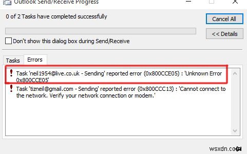 Sửa lỗi: Outlook Lỗi không xác định 0x800cce05