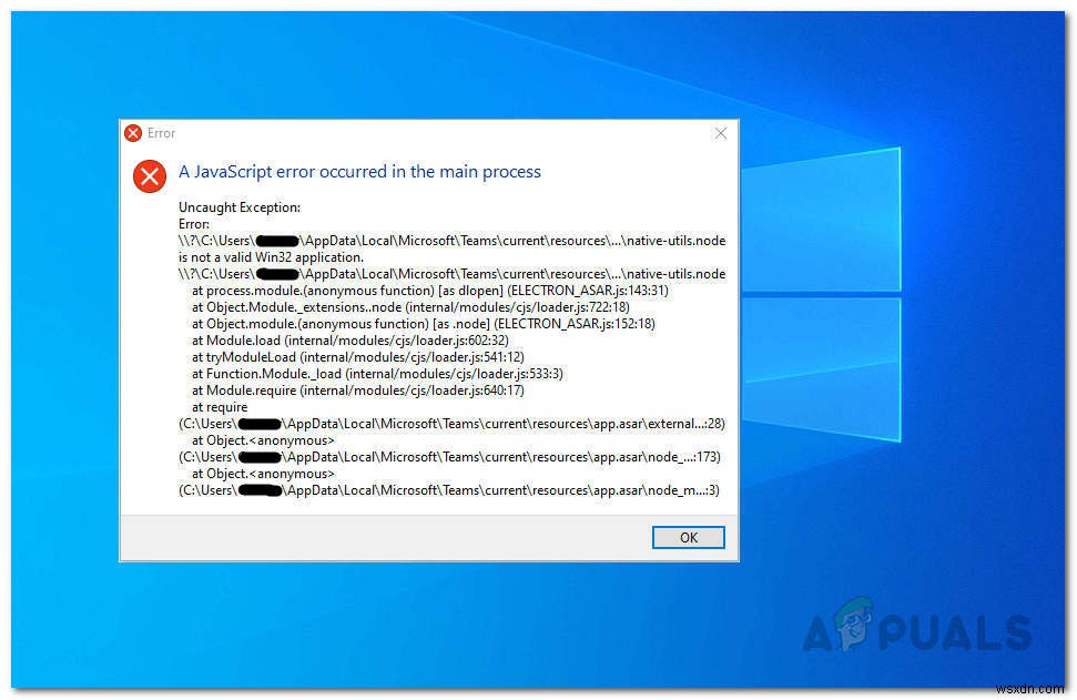 Lỗi Javascript Exception trong Microsoft Teams trên Windows 10