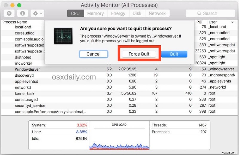 Buộc Thoát Ứng dụng Mac Không Phản hồi Nhanh bằng Phím tắt