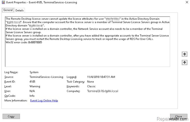Khắc phục Event ID 4105: Remote Desktop License Server không cập nhật được thuộc tính người dùng trong Active Directory