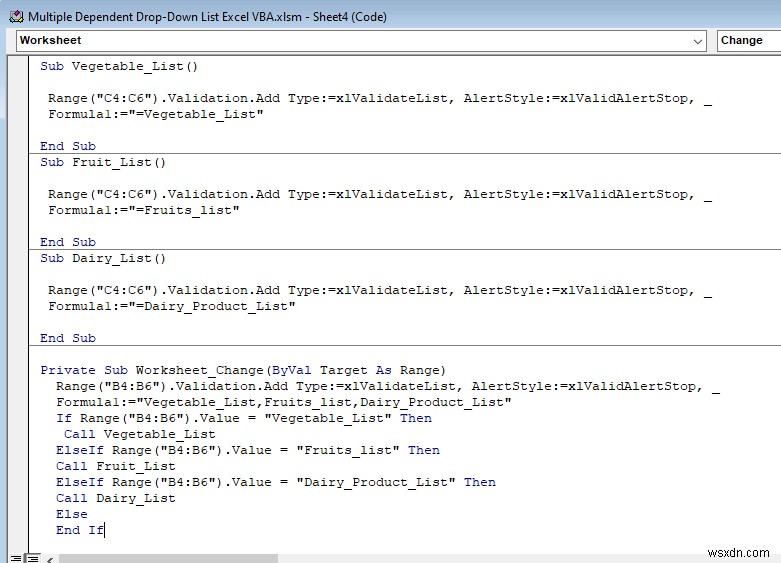 Tạo Danh Sách Thả Xuống Phụ Thuộc Đa Cấp Trong Excel VBA – 3 Phương Pháp Đơn Giản