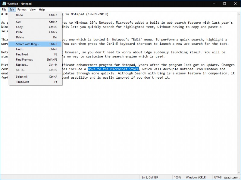 Tìm kiếm Bing trực tiếp từ Notepad trên Windows 10 nhanh chóng