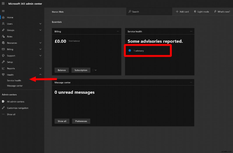 Xem và báo cáo Thông báo dịch vụ Office 365 từ Admin Center