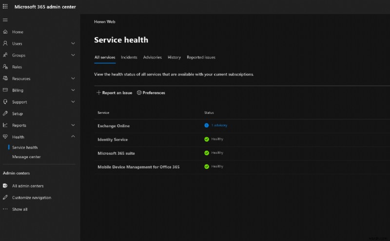 Xem và báo cáo Thông báo dịch vụ Office 365 từ Admin Center
